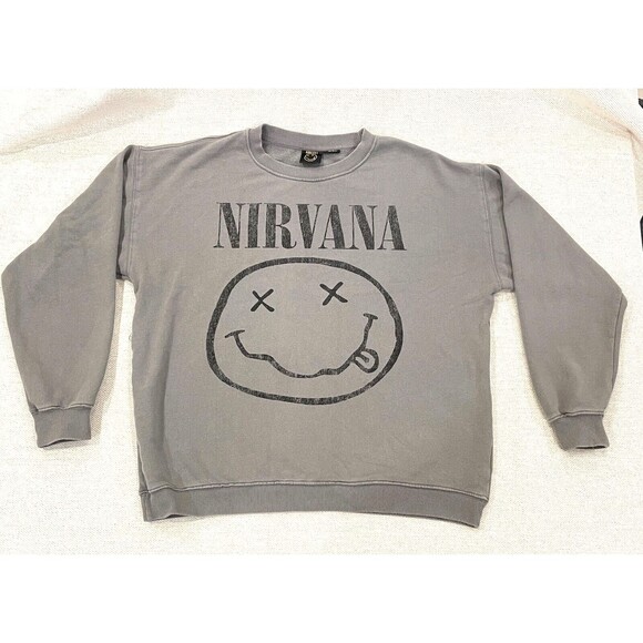 RARE Nirvana Smiley Music Sweatshirt Men's Medium M Long Sleeve Graphic Gray - Picture 1 of 6